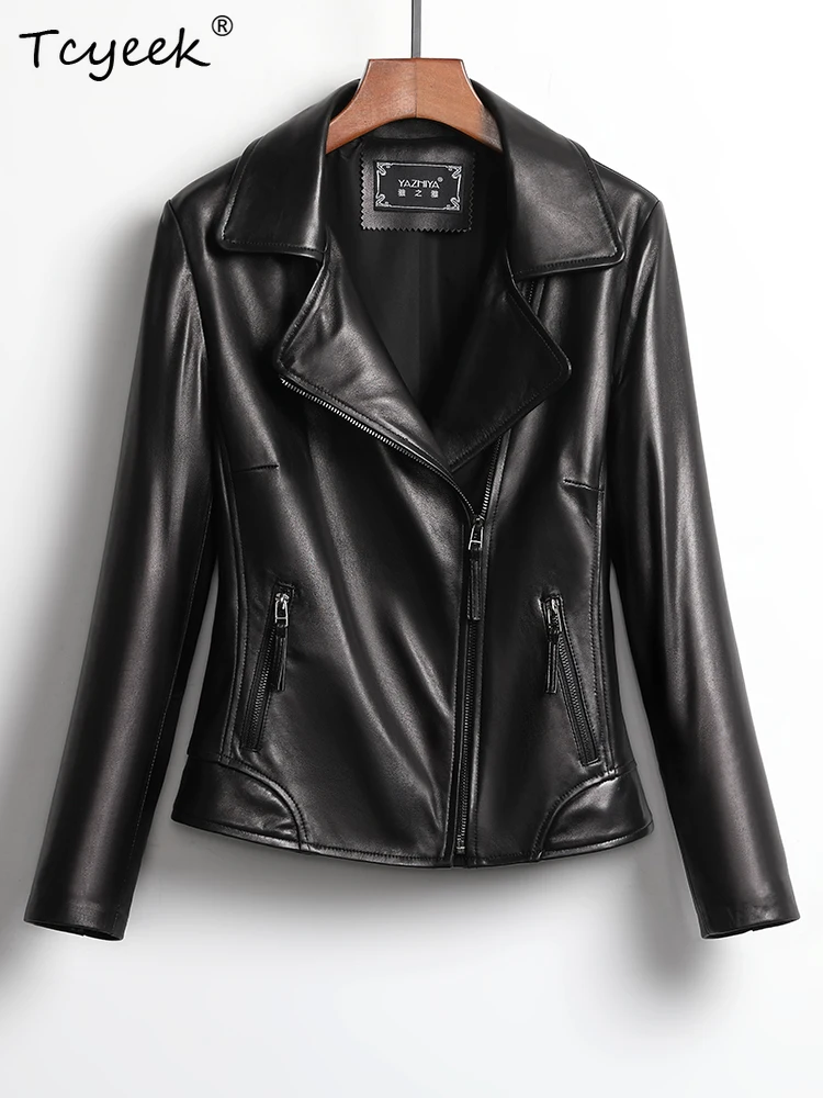 Tcyeek Echt Schaffell Frauen Leder Jacke Frühling Herbst Anzug Kragen Lange Ärmeln Schwarz Kurze Motorrad Jacke Chaqueta Cuero