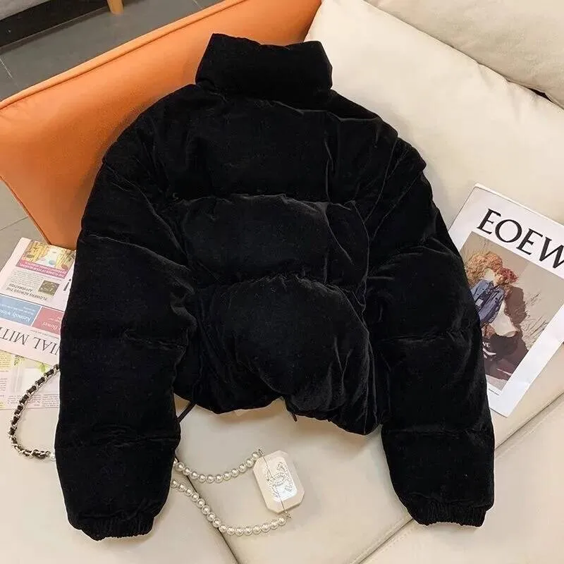

Velvet Retro Down Women's Winter Stand Collar Coat Cotton Clothes Long Straight Cut
