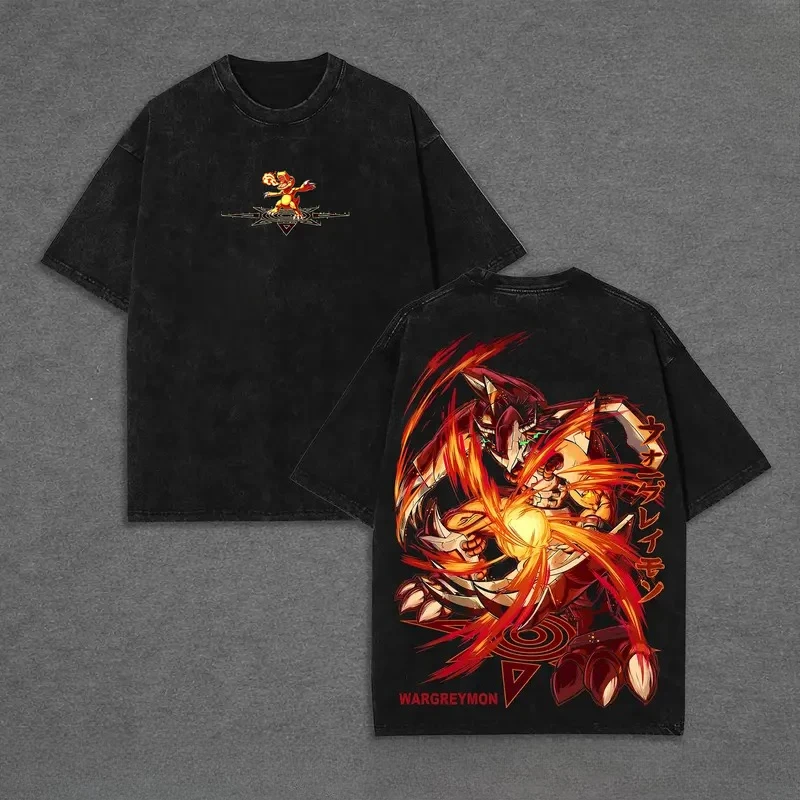 Anime Digimon Wargreymon T-shirt Vintage Distressed Washed Back Fire Dinosaur Beast Print Short Sleeve Oversized Unisex T Shirts