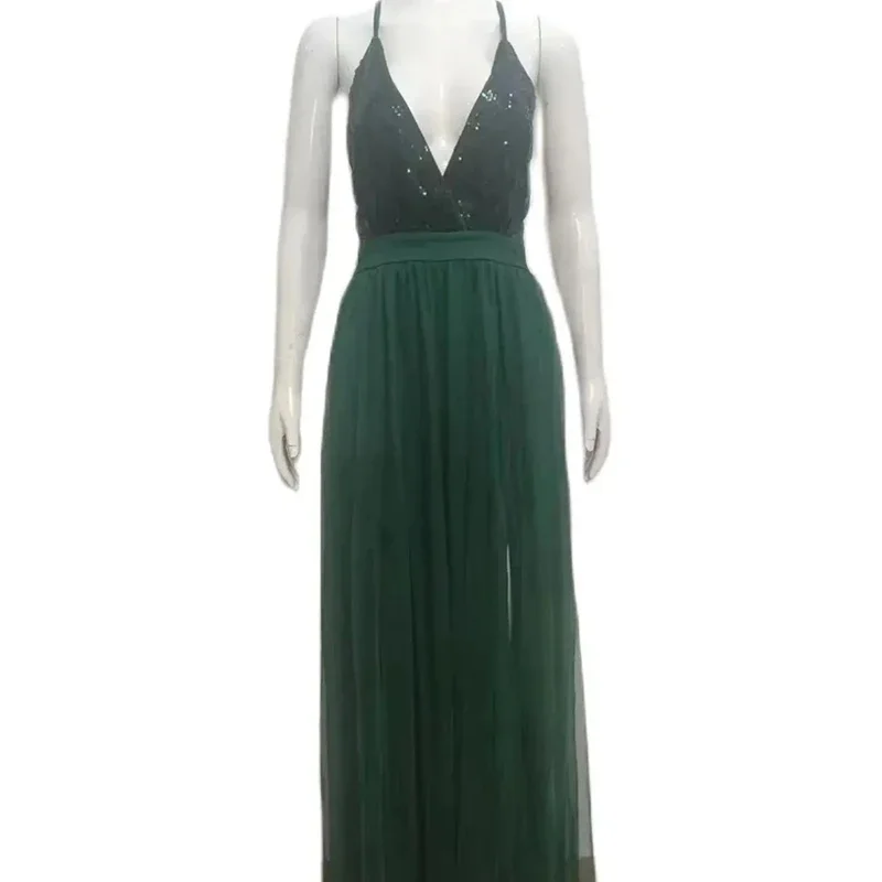 Sexy Deep V Neck Women Backless Green Boho Maxi Club Dress Elegant Gauze Party Long Dresses High Waisted Split Robe Femme Summer