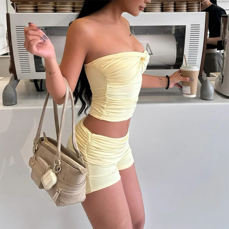 2026 Summer Women Y2K Casual Daily Solid Yellow Twist Front Strapless Ruched Crop Tube Top And High Waist Shorts Tank Top Sets view 3