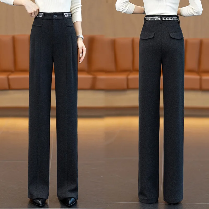 Pantaloni eleganti da donna a gamba larga stretta, nuovi pantaloni casual drappeggiati a vita alta autunnali e invernali