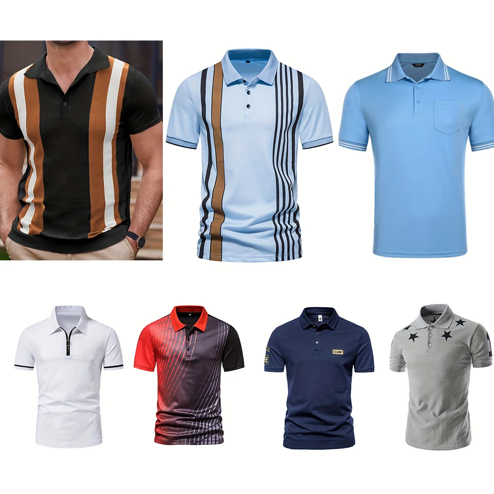 تي شيرت للرجال بأكمام قصيرة بأزرار طية صدر ، توبات طباعة مخططة لحفلات الأعمال ، صيفي غير رسمي