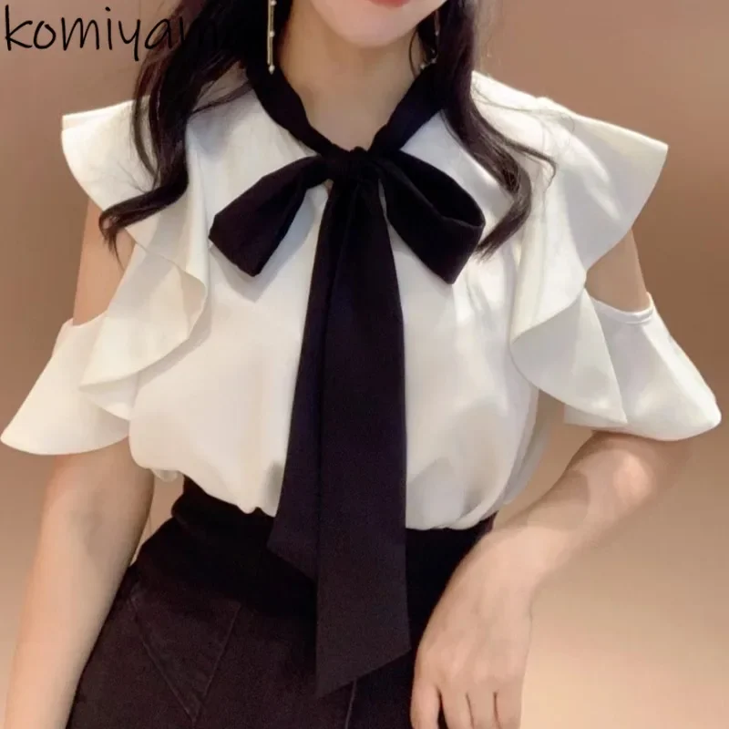 New Ruffles Blusas Jacquard Bow Tie Shirts & Blouses Elegant Temperament Ropa Mujer Woman 2025 Camisas Japan Style Blusa