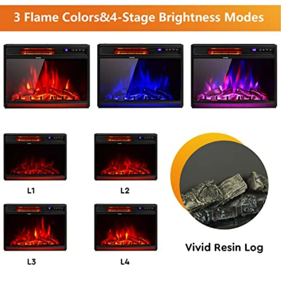 25 Inch Recessed Electric Fireplace Insert with Adjustable Brightness Remote Control 6H Timer Overheating Protection 900W/1350W