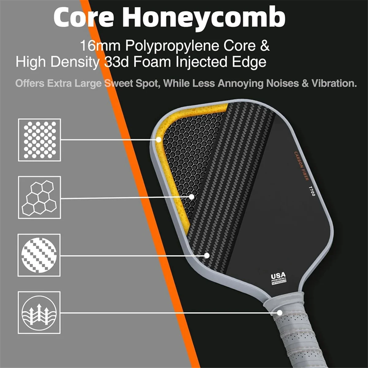 T700 Carbon Fiber Pickleball Paddle Surface 16MM PP Honeycomb Core Enhanced Power&Control Anti-Slip Hand Grip Paddle CJAS