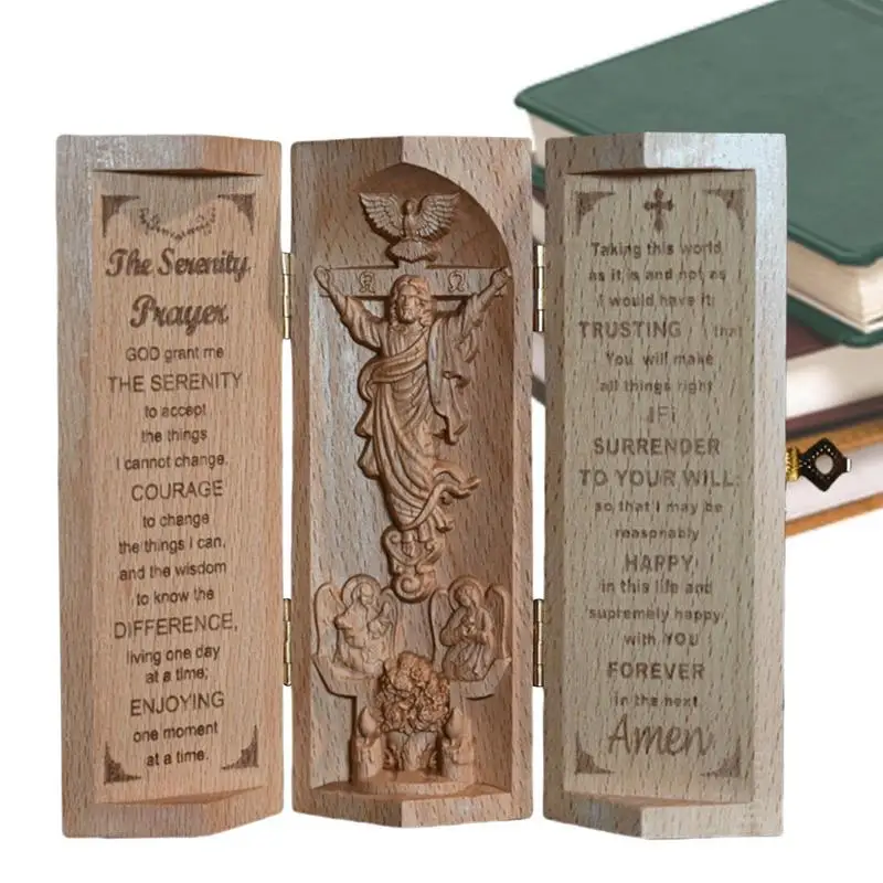 Wooden Sculpture Nativity Family Cylinder Religious Jesus Carving Sculpture Serenity Prayer Christian Statue Of Jesus Openable