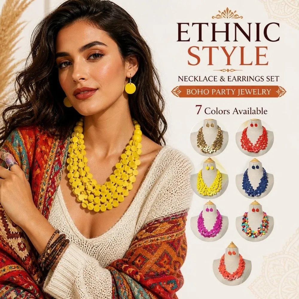 3pcs Multi-Layer ‌Bohemian Necklace Set Tribal Chunky Statement Boho Beaded Necklace Set Wooden Necklace Earrings Set