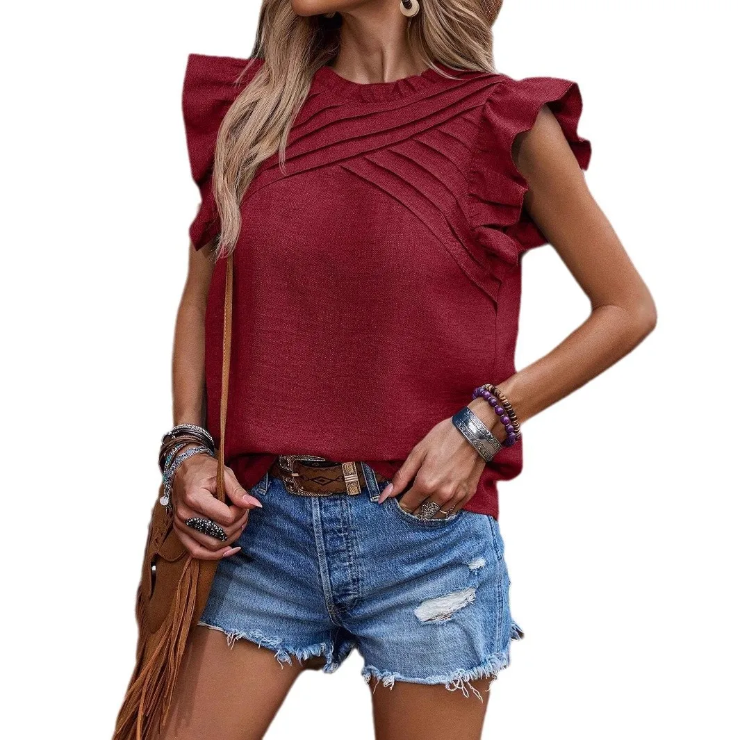 NOVEDAD DE VERANO 2025 camisas de moda para mujer cuello redondo sin mangas elegantes volantes blusas sueltas primavera Casual Color sólido señoras Tops negros