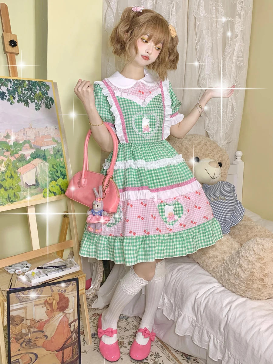 2024 Summer New Lolita Dress Doll Neck Fresh And Cute Checkered Short Sleeve Loli Tea Party Student Green Cotton Dress