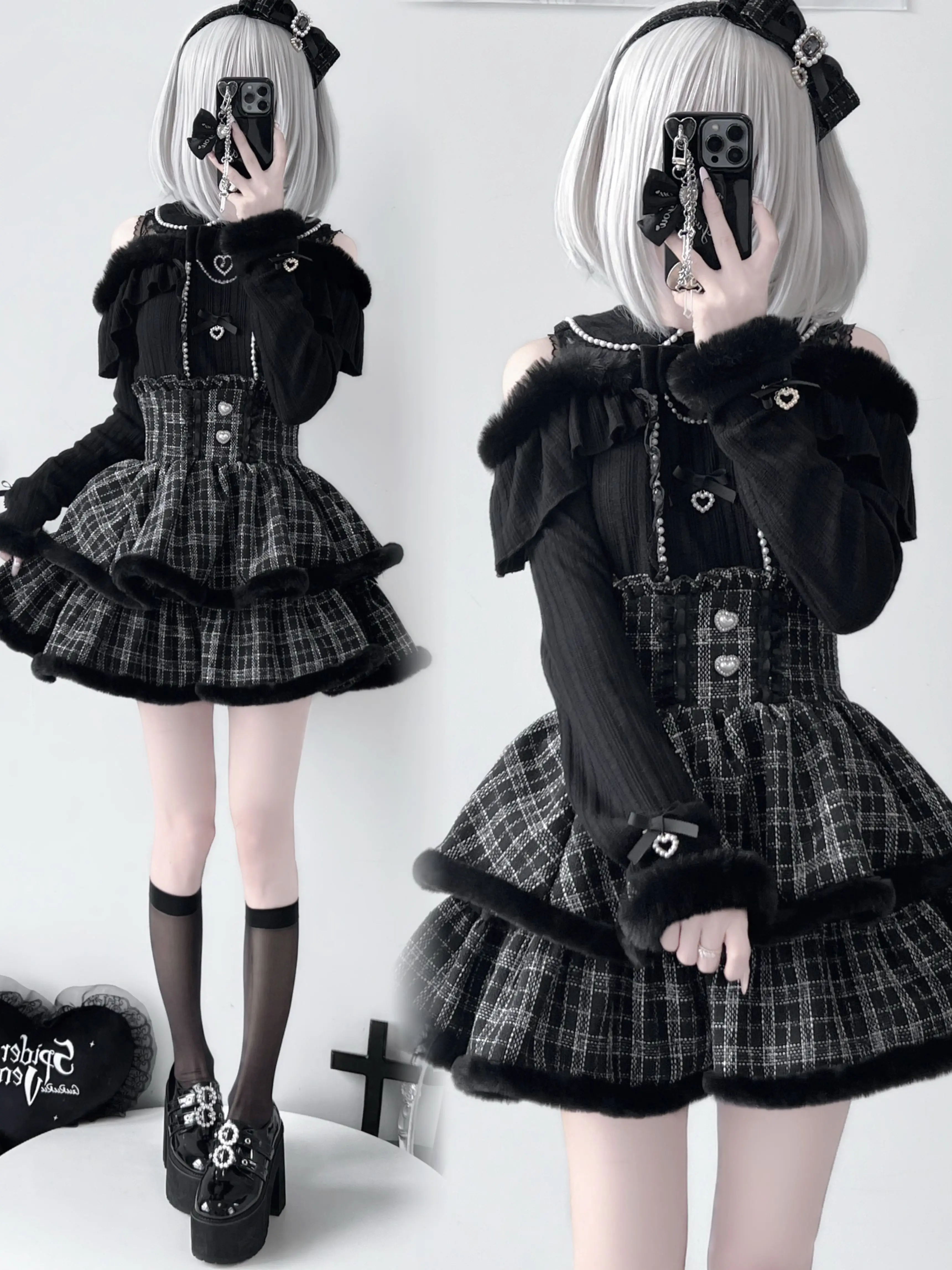Gothic Style Two-Piece Set Dress Women's Autumn Winter Dark Series Clothing Small Size Light Grey Lolita School Uniform