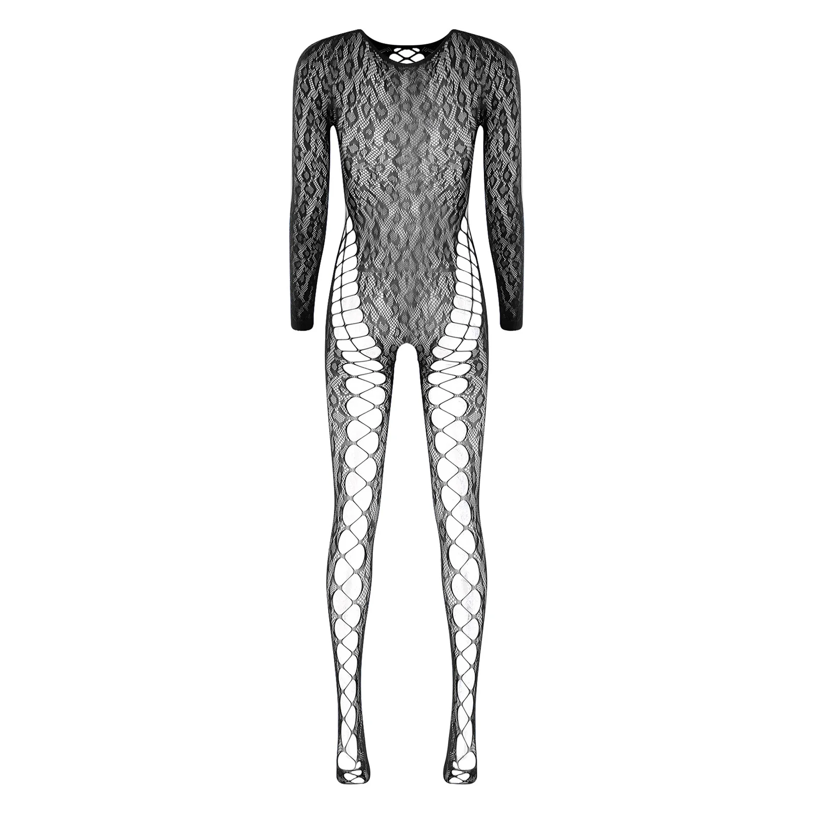 

Womens See Through Fishnet Stretchy Bodysuit Long Sleeve Crotchless Footed Jumpsuit One-Piece Bodycon Unitard for Nightclub