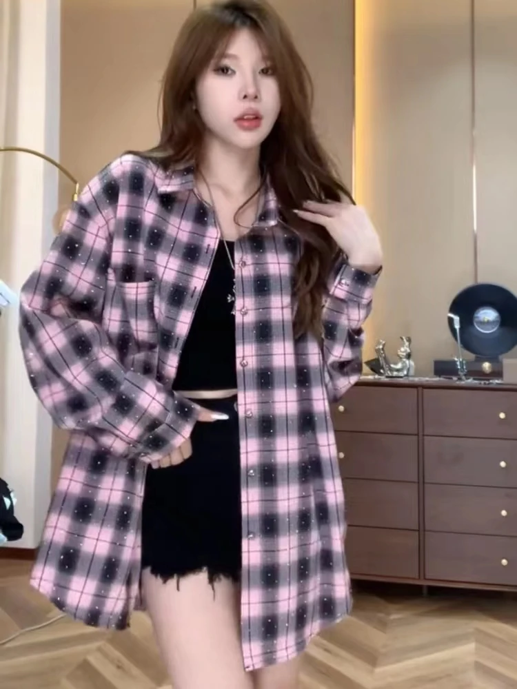 East Gate Rhinestone Casual Faion Women's irt Coat Spring Design Versatile Loose Plaid Open Cardigan Top Korean Sle