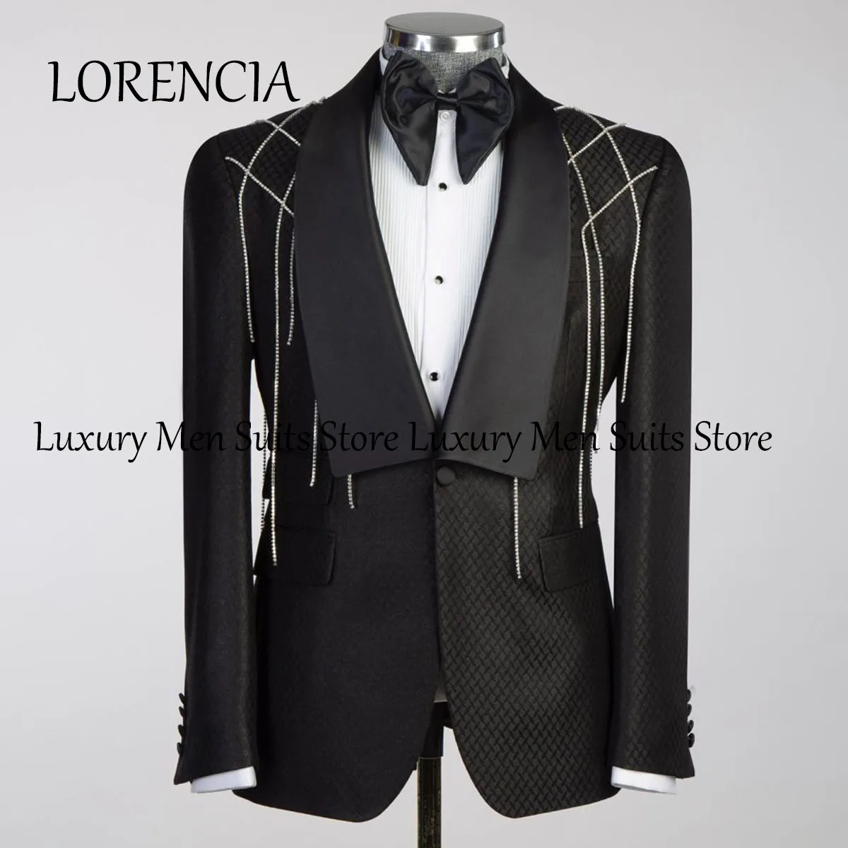 

Sparkly Formal Men Suits 3 Pieces Sets Tassel Wedding Groom Tuxedos Beaded Slim Fit Formal Costume Homme Male Prom Blazers