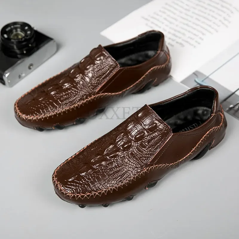 Crocodile Pattern Man Loafers High Quality Genuine Leather Driving Shoes Men\'s Non-Slip Sneakers Casual Walking Shoes