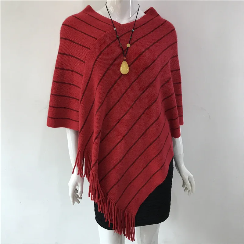 2025 Spring New European American Fashion Tassel Women Cape Sweater Knitted Harajuku Versatile Contrast Coat Red P1
