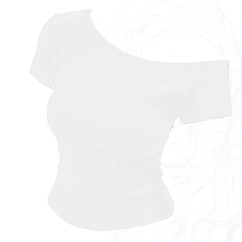 Sommerliches Off-Shoulder-Top für Damen, schmal geschnitten, kurzärmeliges T-Shirt, One-Shoulder-Oberteil, sexy Basic-T-Shirt, koreanischer Chic – Detail 3