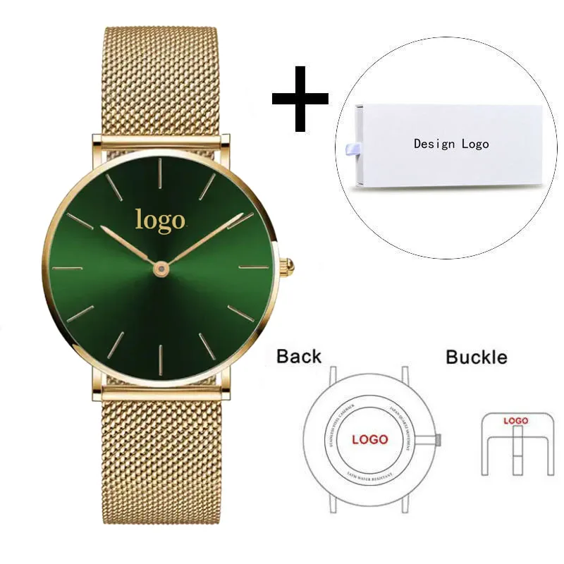 ساعة ذهبية خضراء لامعة بشعار مخصص للجنسين مصممة اصنع شعارك الخاص