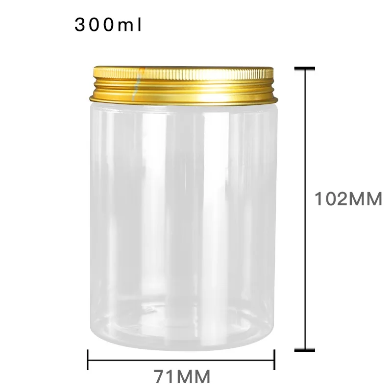 Cosmetic Jars Transparent PET Plastic Pots Gold Aluminum Lid 50ml-500ml 68 Dia. Packaging Bottle Empty Cream Containers 15pcs