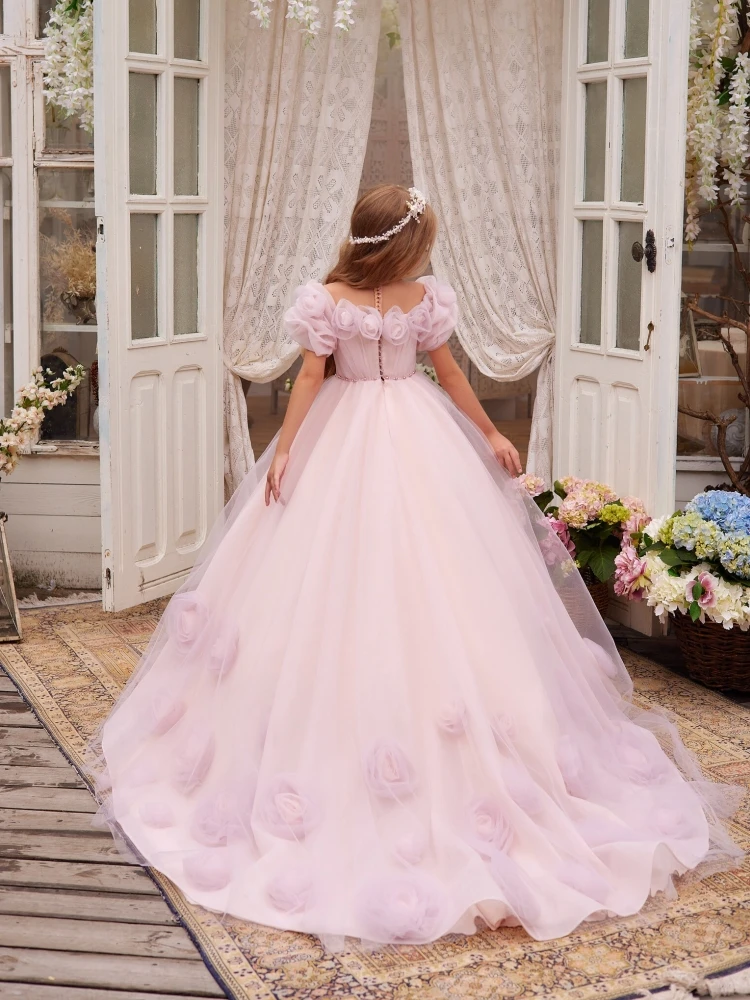 Rosa Blumen mädchen Kleider geschwollene 3d Blumen mit Tailing Kurzarm für Hochzeit Geburtstags feier Bankett Prinzessin Kleider