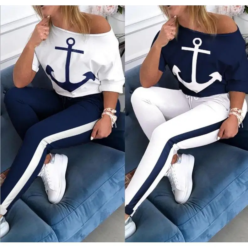 

Women's Two ort Sved T-irt Sports Suit with Boat Casual Sle Long Pants Winter Faion Set Printed Design Tee Pieces