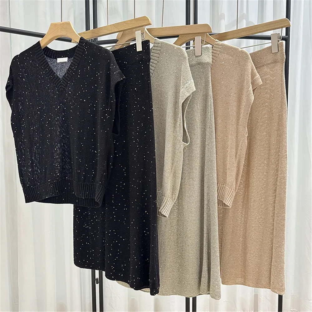 Completo di gonne di paillettes da donna, maglione Pullover con scollo a v, vita elastica, gonna a trapezio, Set di 2 pezzi, abbigliamento B * C,