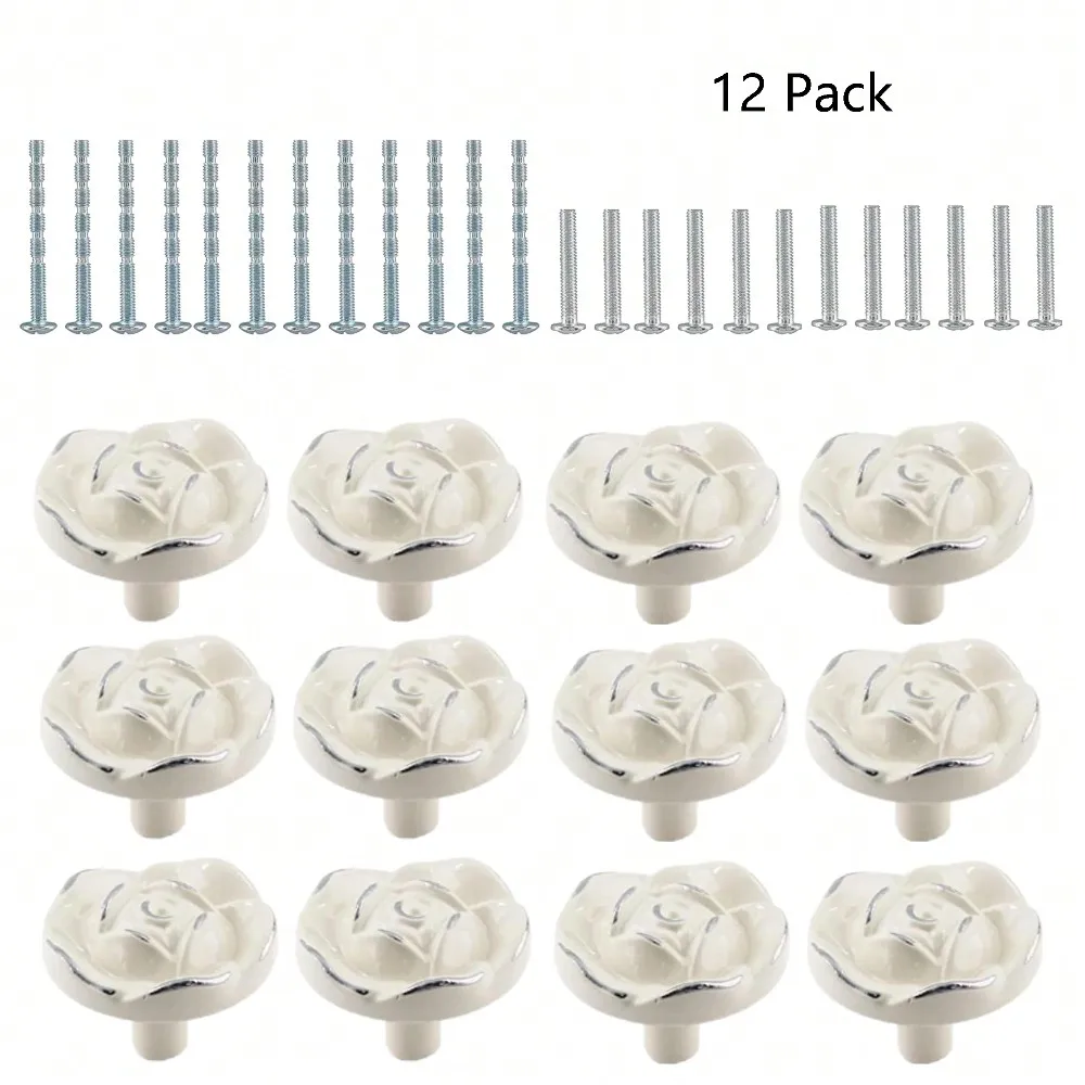 

12 Pcs White Rose Zinc Alloy Knobs Cabinet Drawer Dresser Pulls Floral Knobs and Handles for Home Furniture White & Silver Edge