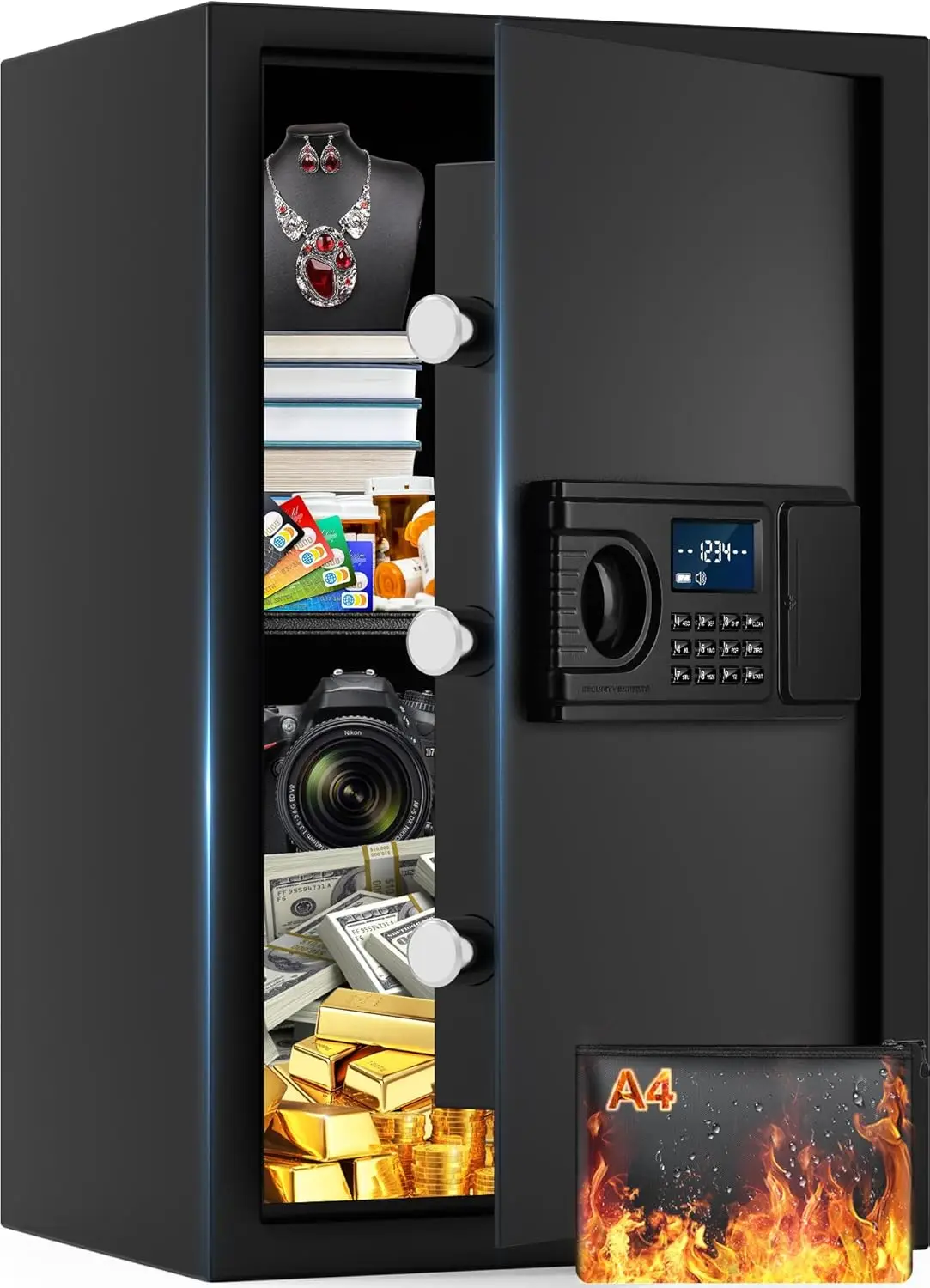 

4.0 Cuft Fireproof Safe with Digital Keypad, Waterproof Bag, Removable Shelves for Home Security