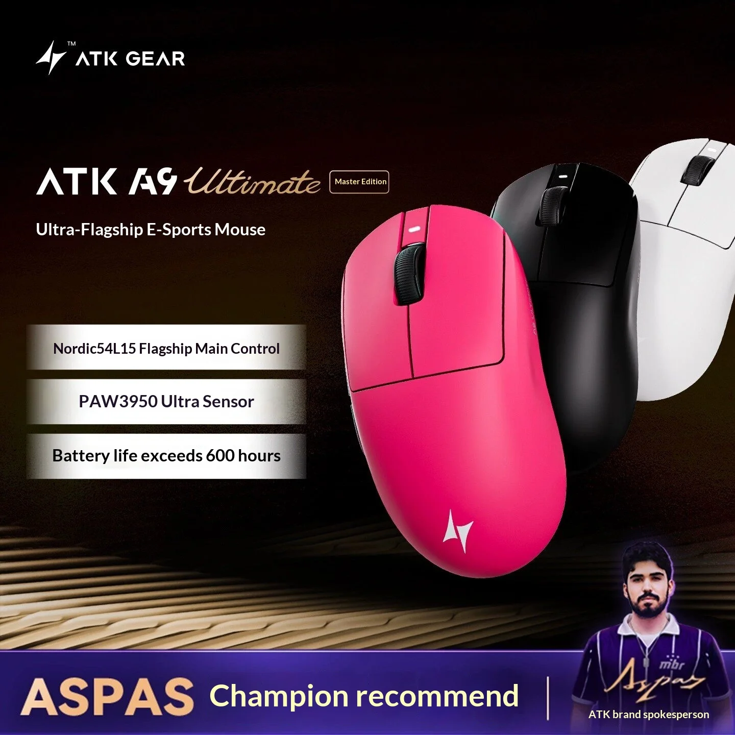 ATK GEAR A9 Ultimate Wireless Gaming Mouse Ergonomic Paw 3950 Ultra Sensor 600 Hours Long Battery Life For Valorant Gamer
