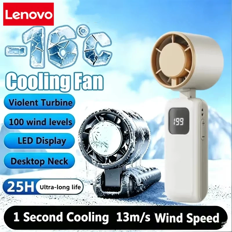 Lenovo Handheld Turbo-Ventilator, faltbares Design, 1-199-Gang-Geschwindigkeit, 4000 mAh, wiederaufladbar, Digitalanzeige, tragbare Taschenventilatoren für den Außenbereich