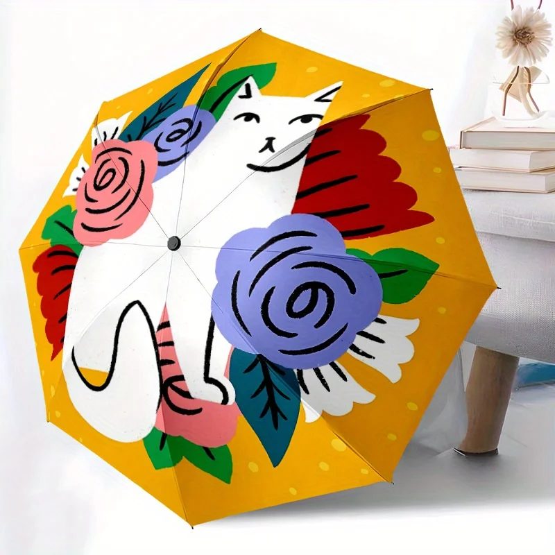 

1pc Floral Cat Print Automatic Open/close Folding Umbrella, Compact Portable Travel Umbrella, Perfect Birthday/Christmas, Cute