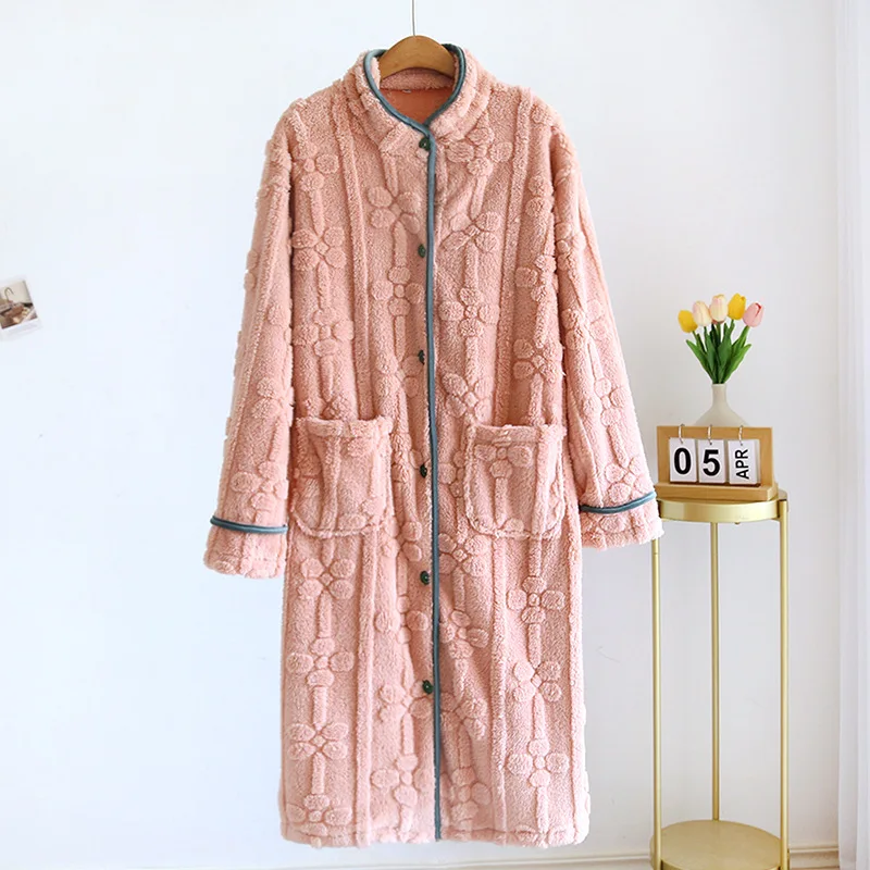 Autumn and Winter 2024 New Women's Nightgown Flannel Sweet and cute Bathrobe Women's Nightdress Stand collar Button Home Dress