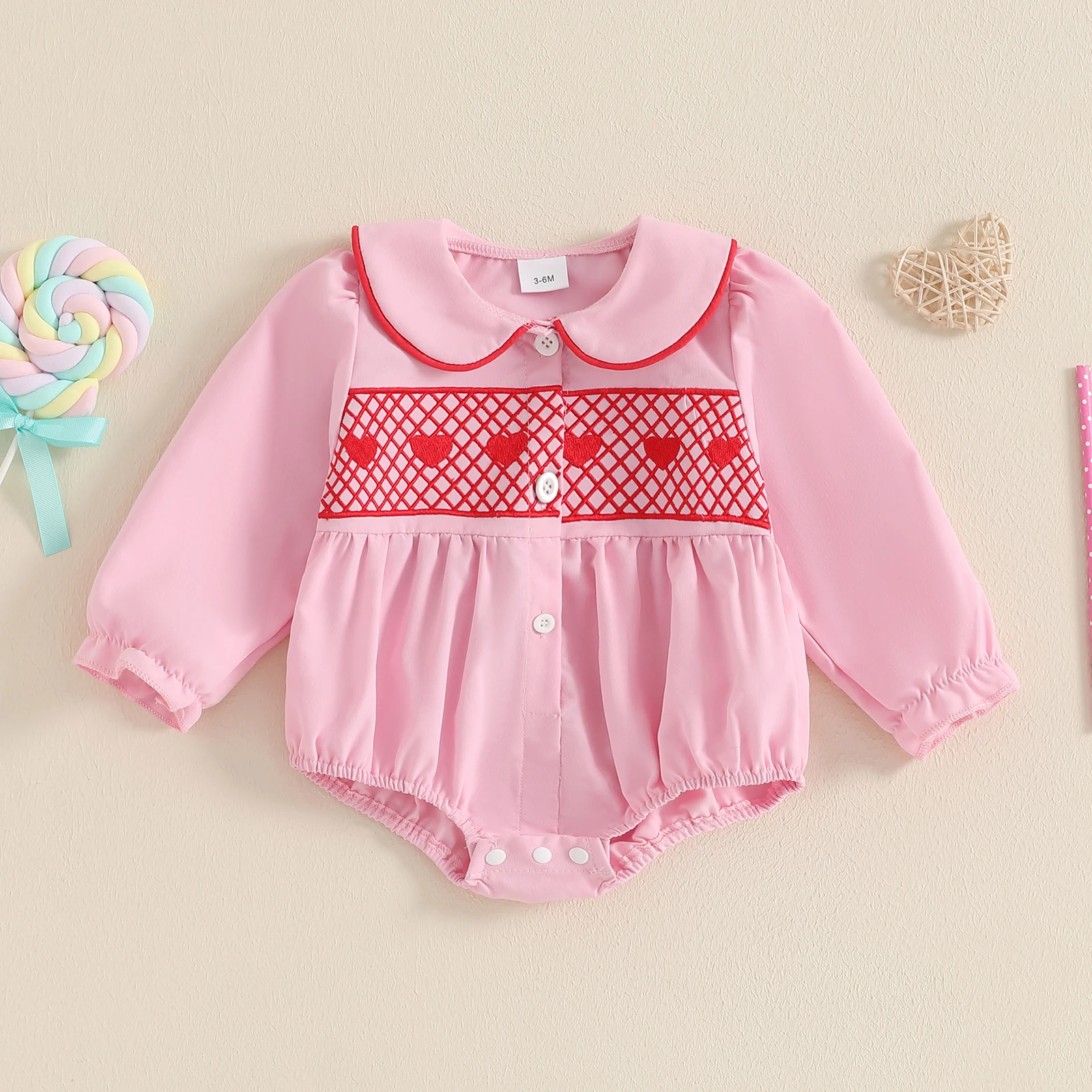 

Cute Doll Collar Baby Girls Long Sleeve Romper Spring Princess Heart Embroidery Button-down Newborn Bodysuit ChildrenClothes