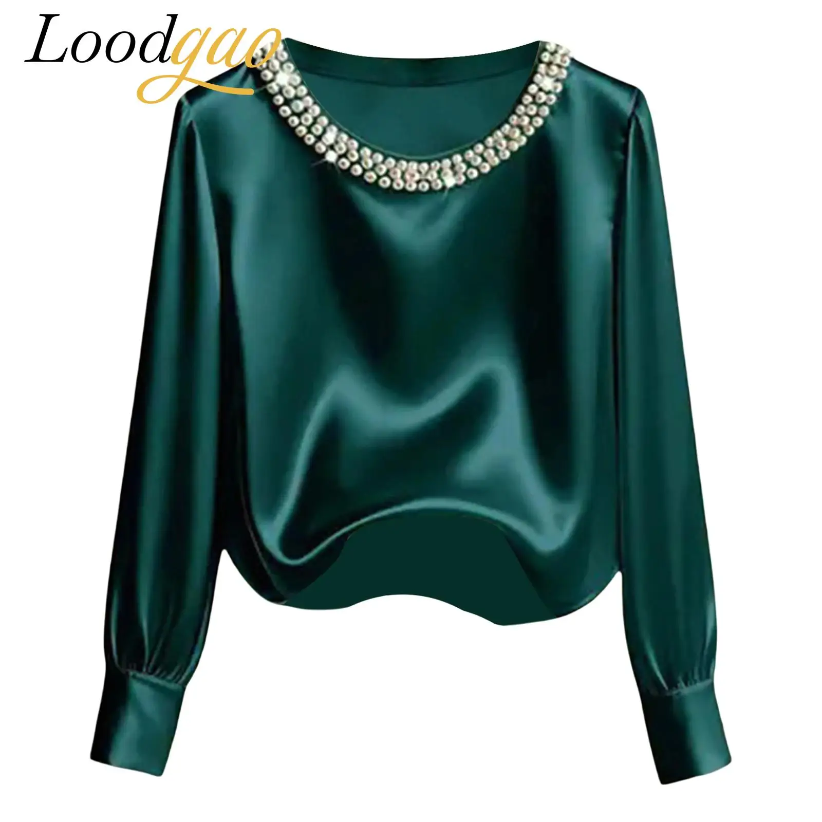 

OL Womens Faux Pearl Loose Blouses Elegant Satin Blouse Business Fashion Pullover Top Spring Office Lady Clothes Streetwear