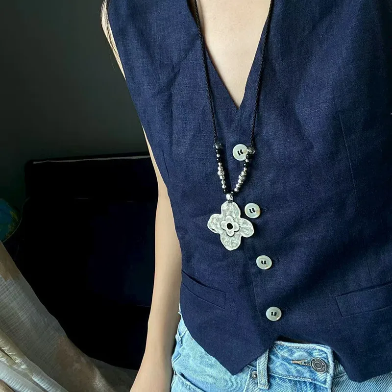 

Statement Vintage Big Metallic Flower Long Pendant Necklace For Women Etrendy Black String Sweater Chain