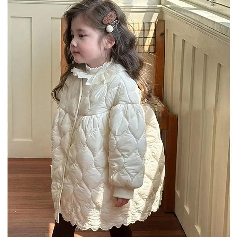 2025 New Korean Style White Thickened Warm Cotton Padded Jacket Fashionable Winter Coat for Girls Kids Baby Casual Cotton Coat