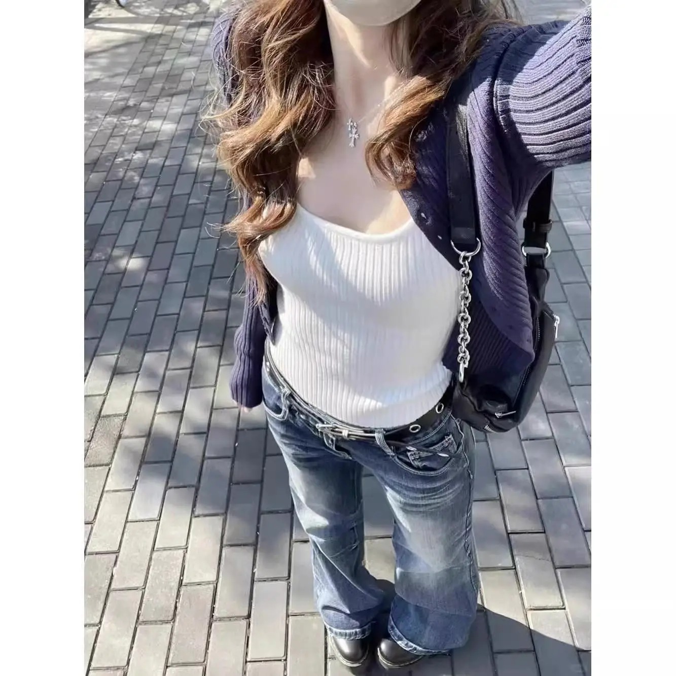 Luźny niebieski kardigan z dzianiny i zestaw dwuczęściowy ze sznurkiem lub sweter Jaet, damski, modny, casualowy, wygodny, oddychający.