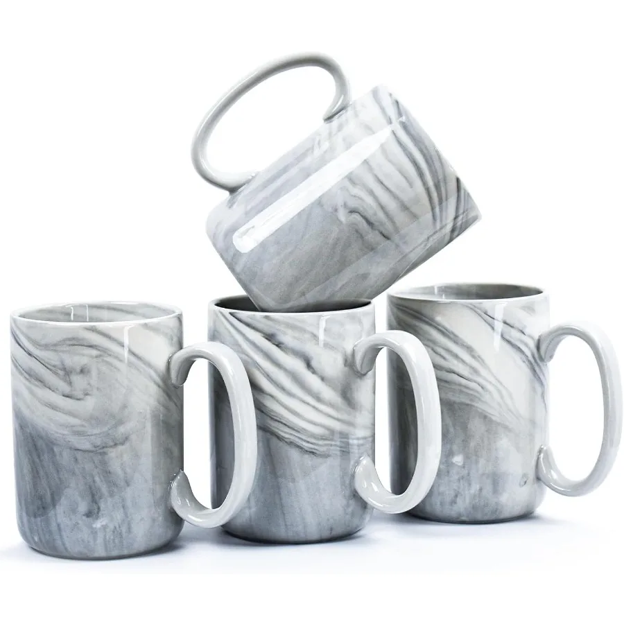 

Set of 4 Large 16 OZ Marble Ceramic Tea Cups with Big Handles for Latte Beer Cappuccino Bulk Grey Design Microwave and Dishwash