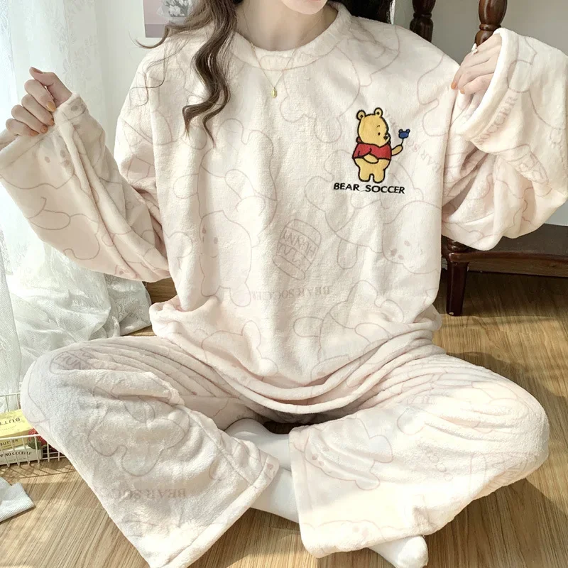 Cartoon Disney pajamas flannel crew neck new winter loose plush loungewear two-piece set Winnie the Pooh women\'s pajamas