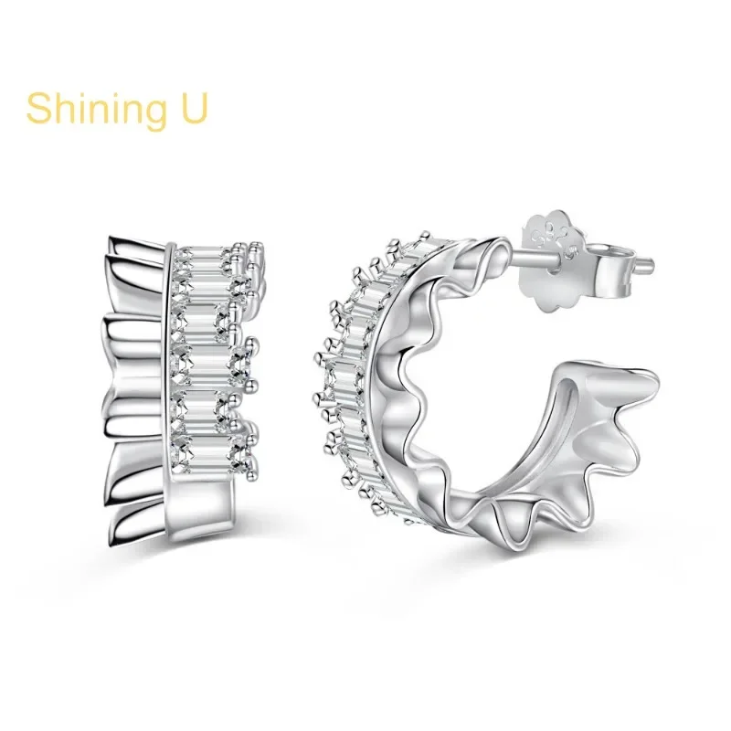

Shining U S925 Silver Zircon Crenulate Earrings for Women Platinum Gold Color Fine Jewelry Cleanfit