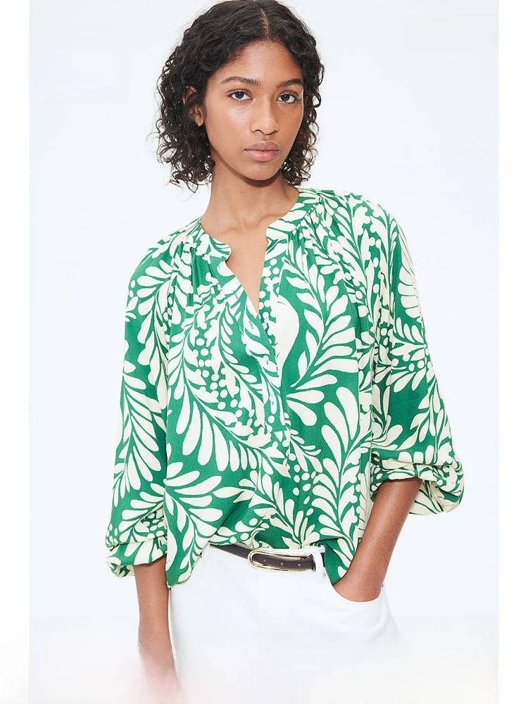 

Женская блузка H&M с цветочным принтом, из мягкой марли, с рукавами-фонариками, воротником-стойкой, французский стиль, длинный рукав, стандартная длина