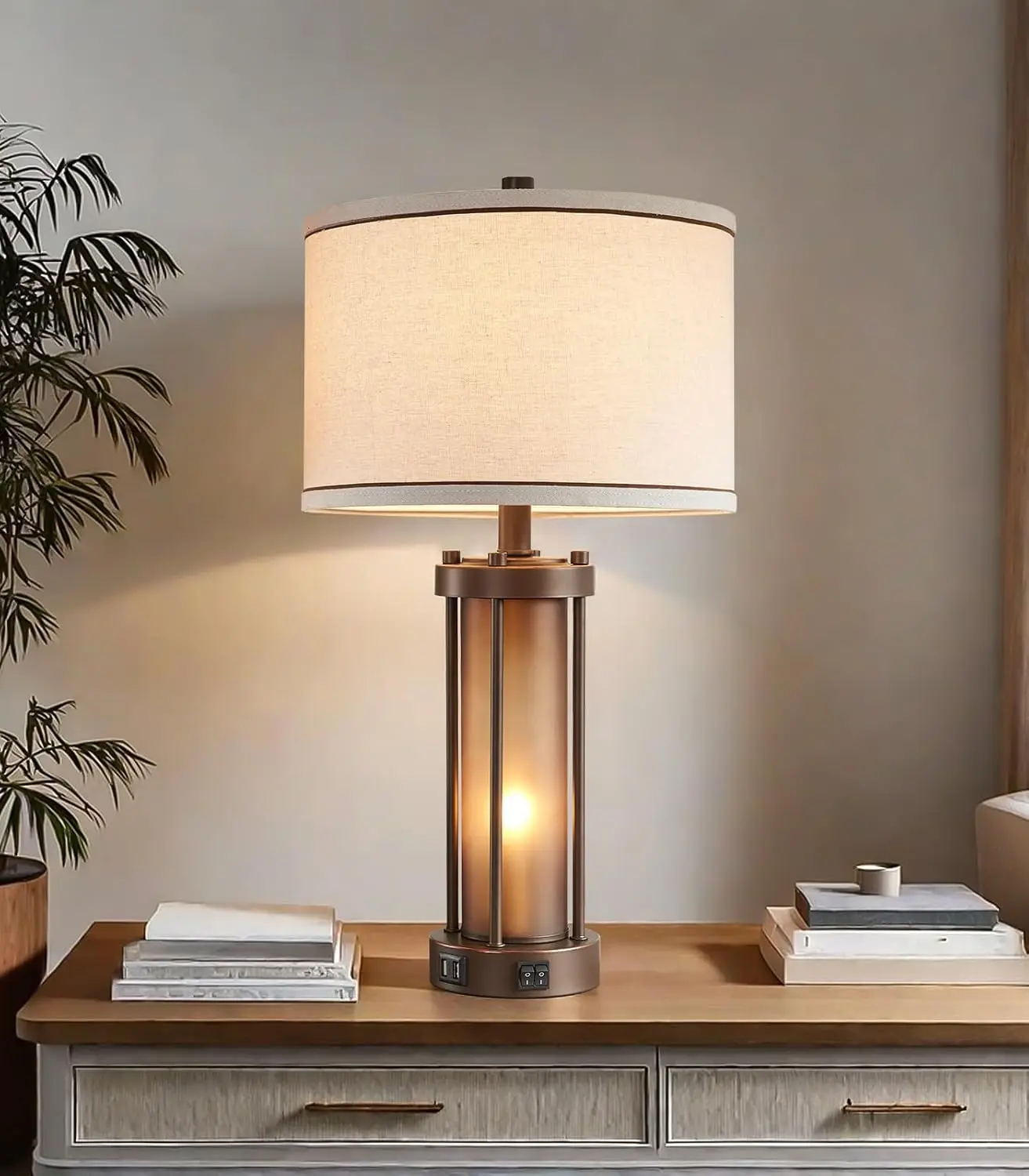 

Vintage Farmhouse Table Lamp with USB Ports, Amber Glass Nightlight, 2 Bulbs Included – Rustic Living Room & Bedroom Desk Lamp