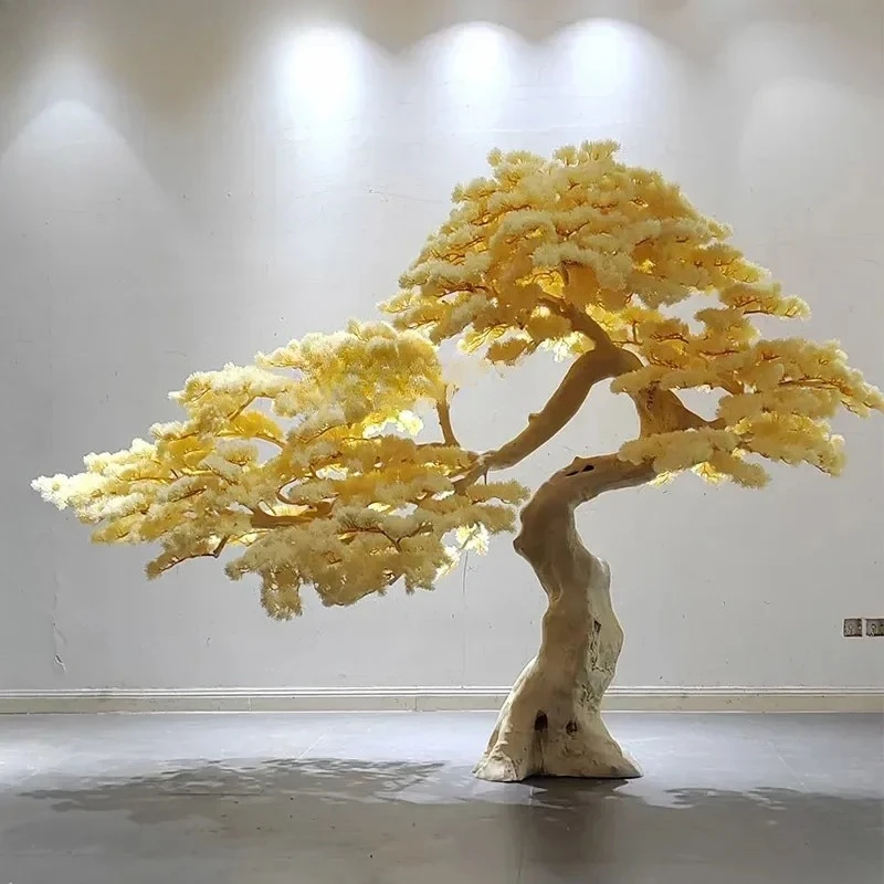 WSArtificial Yellow Welcome Pine Large Old Root Carving Solid Wood Hotel Ornaments Landscape