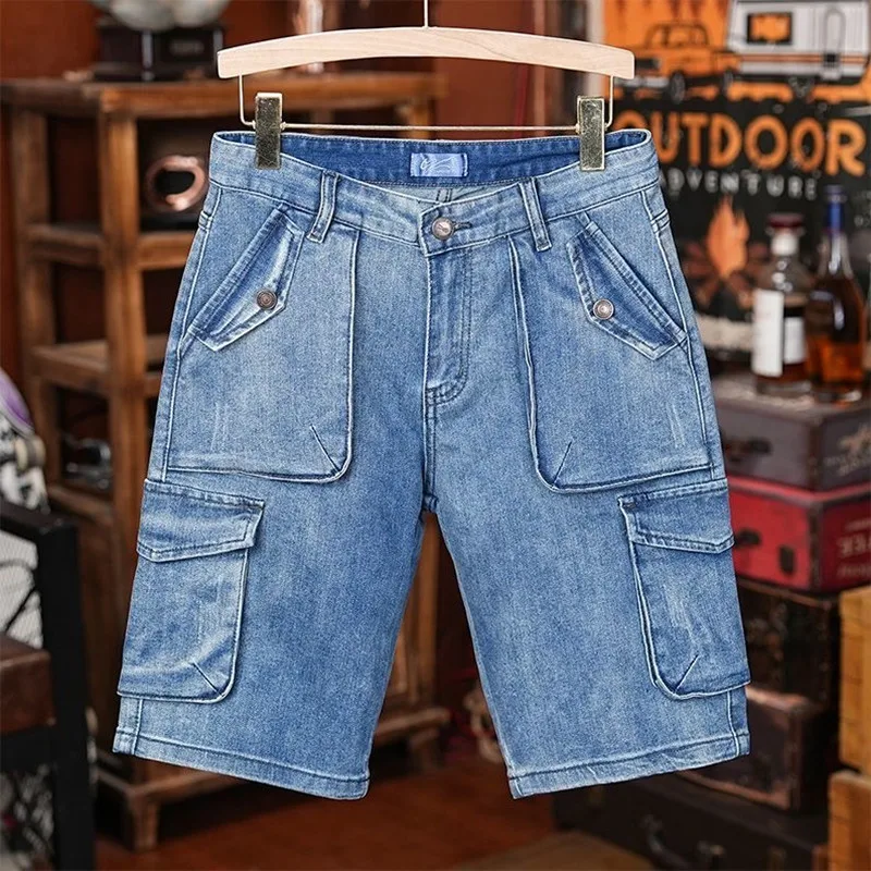 

Новые летние модные однотонные джинсовые шорты с несколькими карманами, прямого кроя, для работы, мужские повседневные свободные спортивные шорты высокого качества