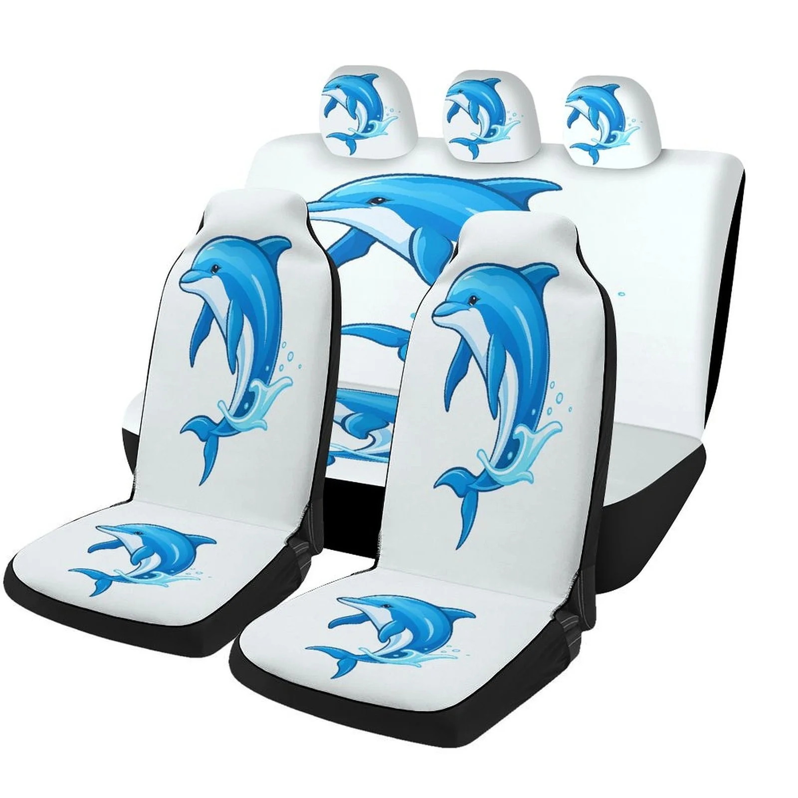 Car Seat Cover Set Featuring A Dolphin Splash Theme, Suitable For Various Vehicles. Stylish And Durable, This Complete Set Inclu