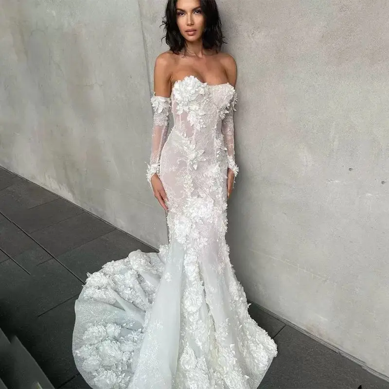 

Lorencia Luxury Lace Long Sleeve Mermaid Wedding Dress Off The Shoulder Appliques 3D Floral Bride Gowns Vestidos De Novia YMW79