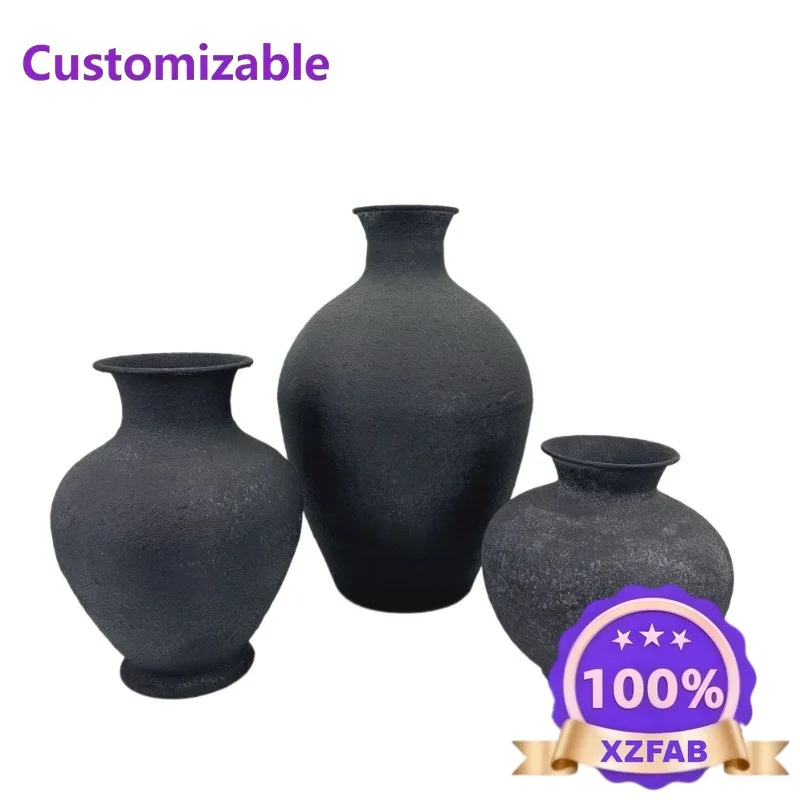 Retro Black Floor-to-ceiling Vase Imitation Coarse Pottery Texture Metal Large Flower Pot Home Hotel Decorative Flower Ornament
