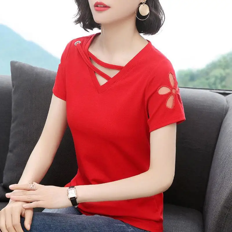 Fashion V-Neck Lace Up Hollow Out Blouse Women's Clothing 2024 Spring New Oversized Casual Pullovers Loose All-match Shirt