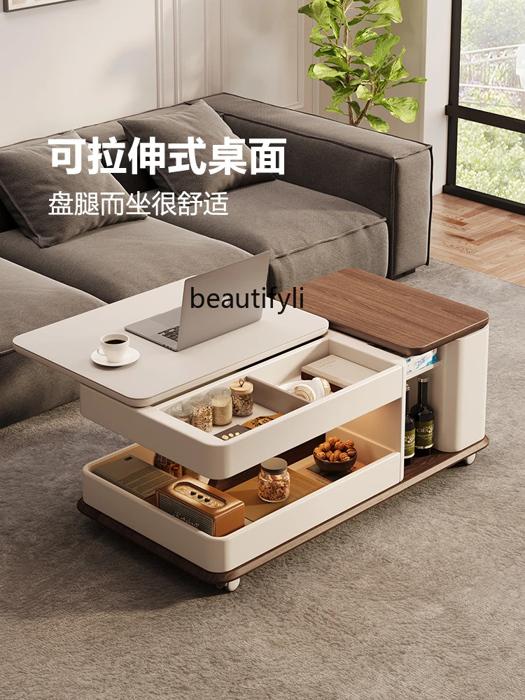 Antique Style Movable Multi-Function Lifting Stone Plate Coffee Table Desk Dual-Use Living Room Home Light Luxury