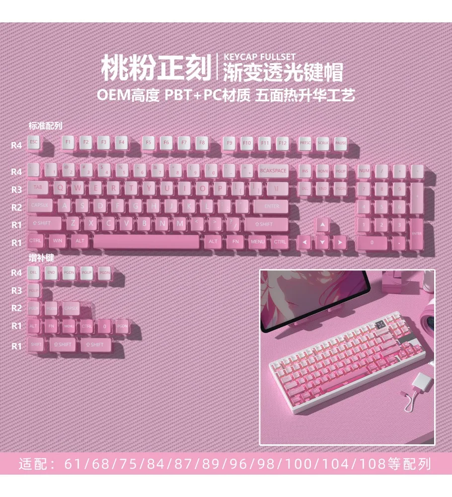 Keycap high value personalized adaptation mechanical keyboard polar day peach pink fog blue engraved PBT four-sided light